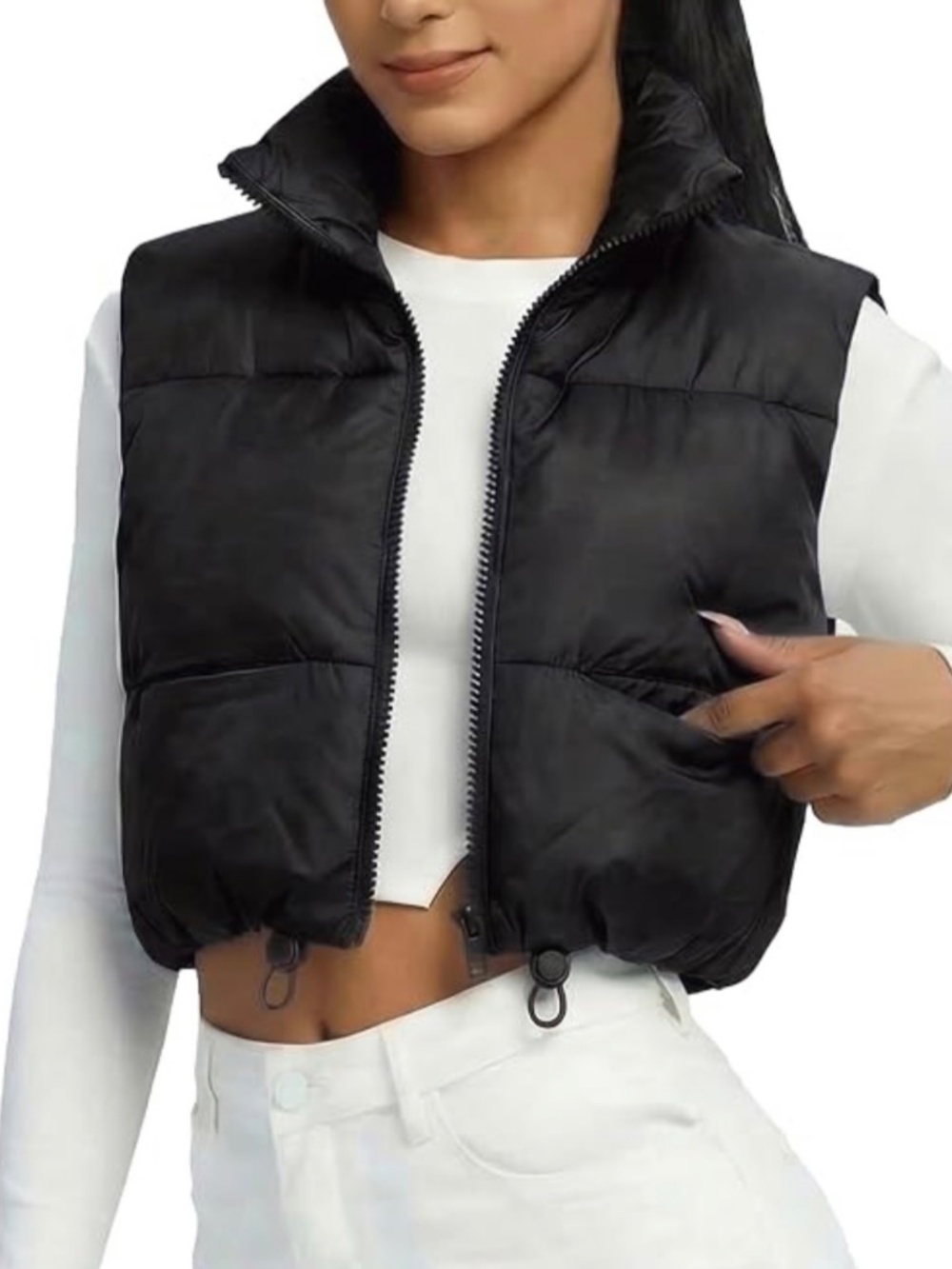 Fuinloth Women's Stand Up Collar Black Cropped Puffer Vest Large
